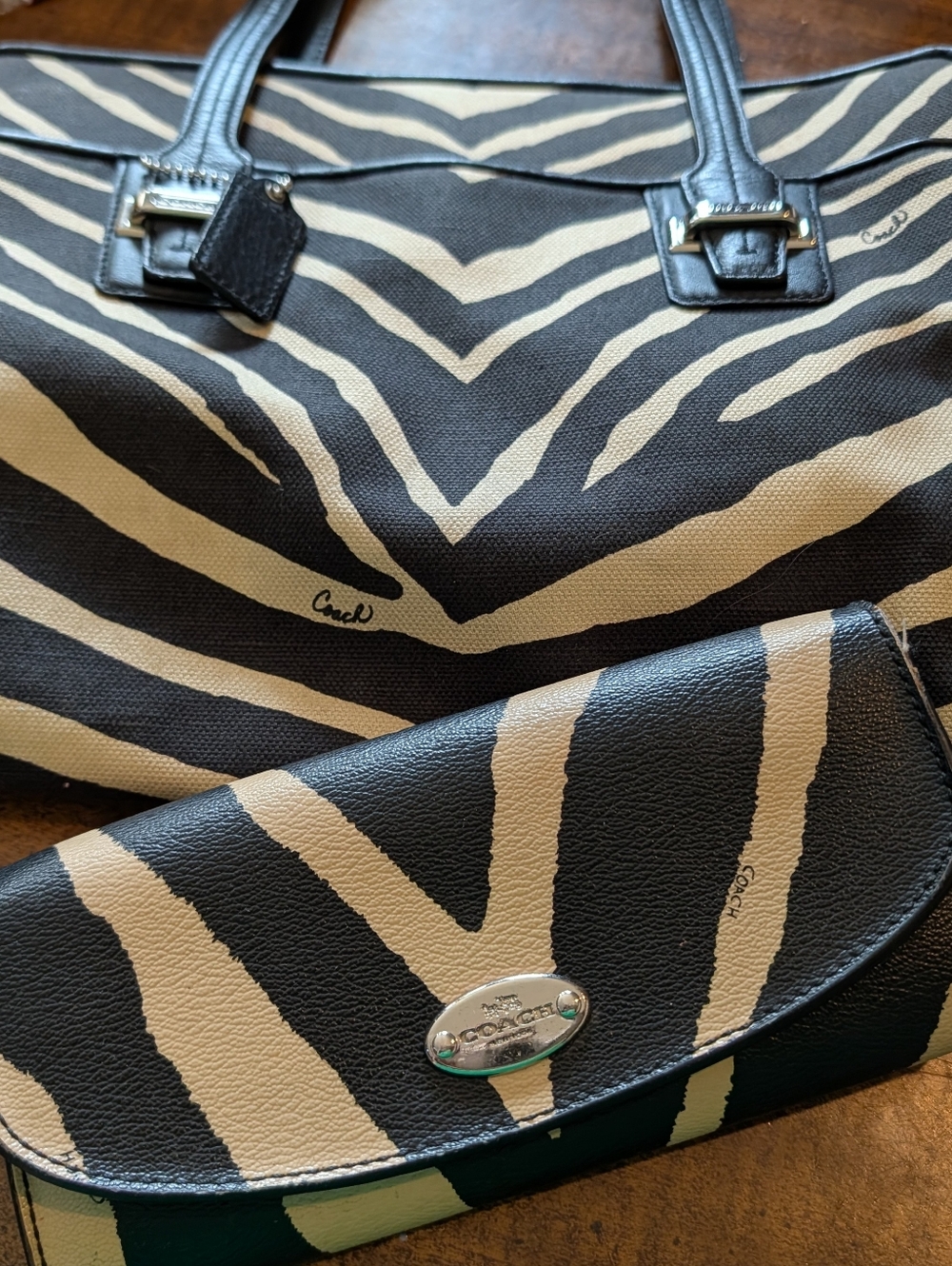 COACH Black & Cream Zebra Print Canvas Tote with matching wallet